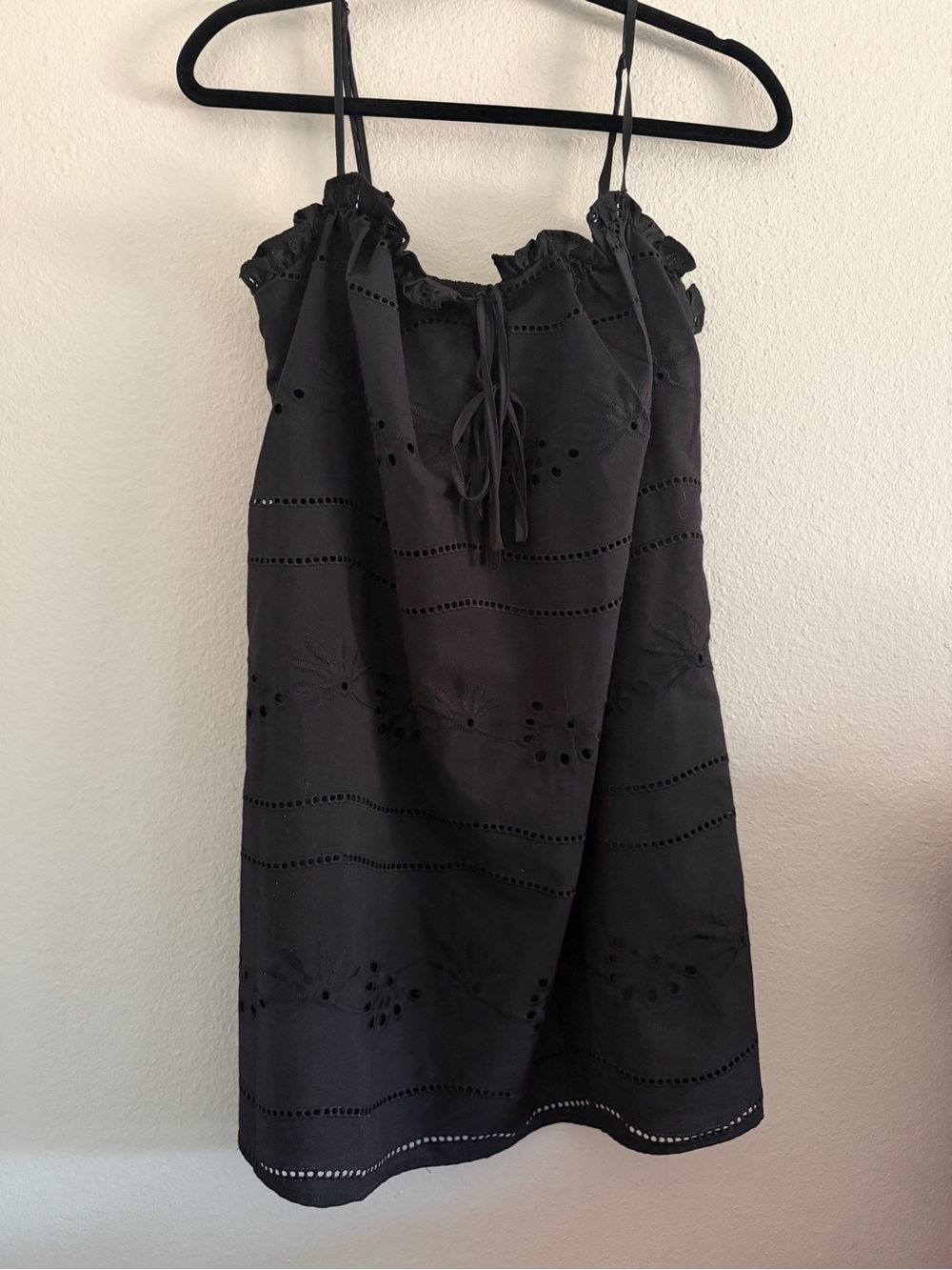 Black Eyelet Babydoll Sun Dress Boho Cottagecore Dark Tie Front
